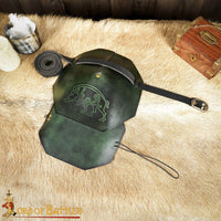 Celtic shoulder armour made from green leather with boar design