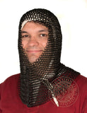 Chainmail coif with v face shape made from black butted rings 10mm 16g 1401BK