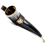 Cow horn Drinking horn with brown leather belt holder
