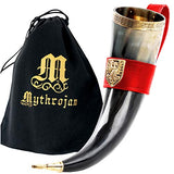 Cow horn Drinking horn with red leather belt holder