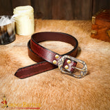 Dark red Medieval leather belt with brass buckle