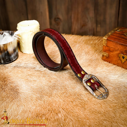 Dark red Viking leather belt with brass buckle