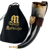 Drinking horn with brass trim and end with brown leather belt holder
