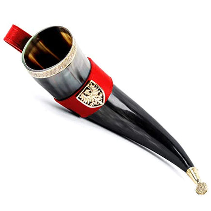 Drinking horn with brass trim and end with red leather belt holder