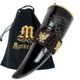 Drinking horn with brown leather belt holder