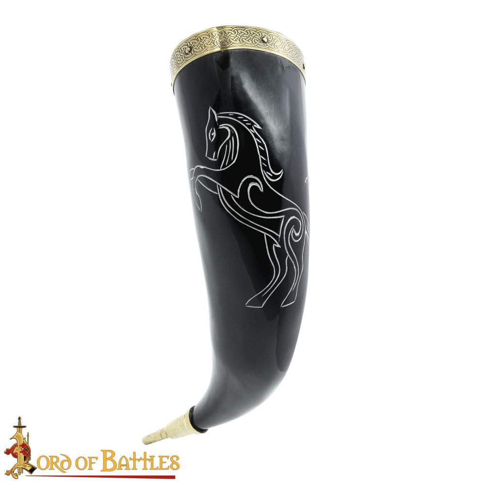 Drinking horn with carved stallion horse design