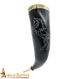 Drinking horn with carved stallion horse design
