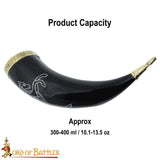 Drinking horn with carved stallion horse design and decorative brass end