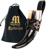 Drinking horn with fleur de lis black leather belt holder