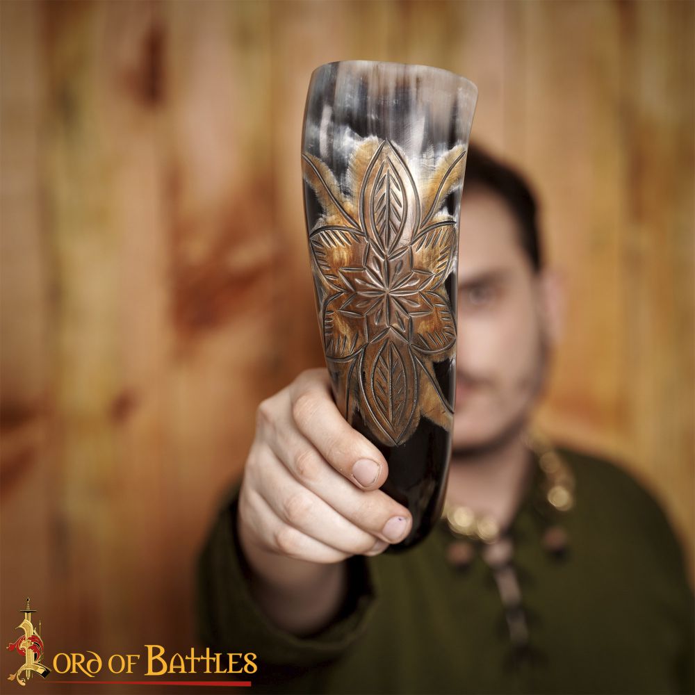 Lotus Flower Carved Drinking Horn 33cm - 38cm (13"-15")