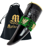 Drinking horn with green leather belt holder