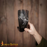 Drinking horn with horse carved design for Viking feasting