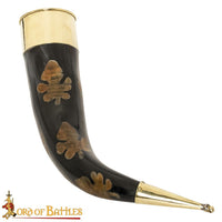 Drinking horn with nature leaf design and brass trim