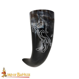 Drinking horn with rampant stallion carved design for Viking feasting