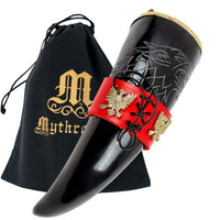 Drinking horn with red leather belt holder