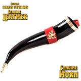 Drinking horn with red leather holder with brass trim and end