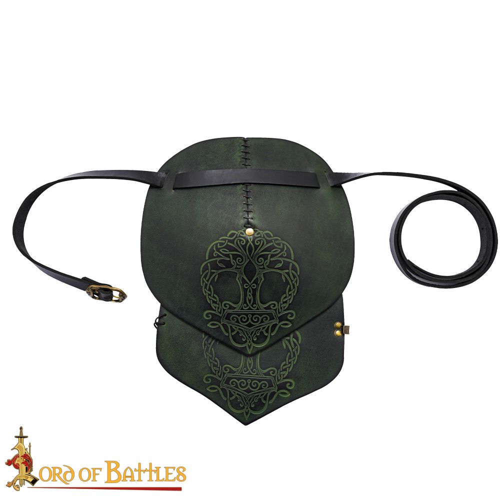 Green Leather shoulder armour with Viking tree of life design
