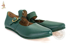 Green Medieval ladies shoes for Tudor SCA clothing made from green leather