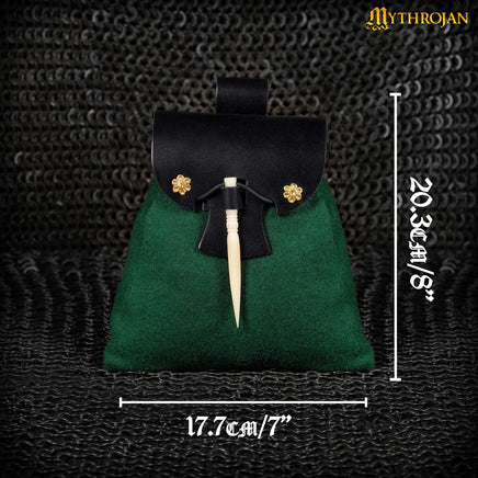 Green and black renaissance leather and wool bag