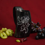 Horn tankard with lion design and belt strap