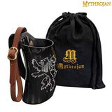 Medieval tankard with rampant lion engraving and leather strap