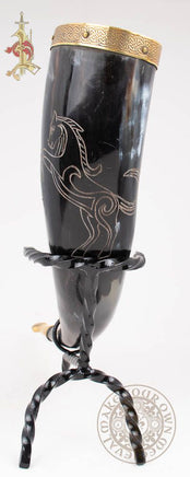 Horse design drinking horn with brass trim and end