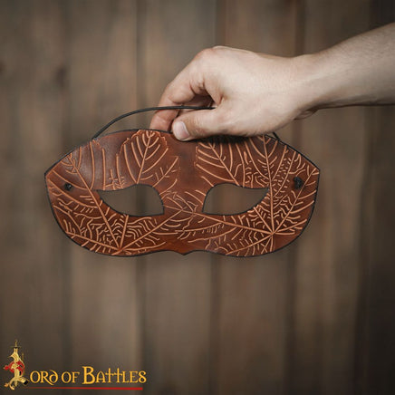 Leather Venetian Mask made from brown leather with natural leaf design