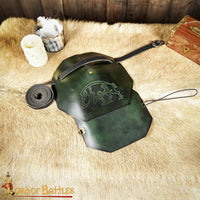 Celtic shoulder armour made from green leather with boar design