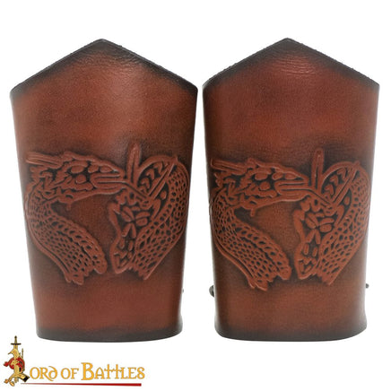 Leather viking cuffs with dragon carving