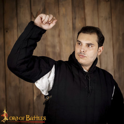 Long padded gambeson for SCA combat with buckles on side