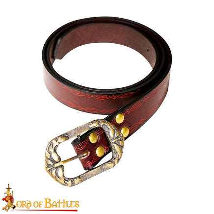 Maroon leather belt with brass buckle