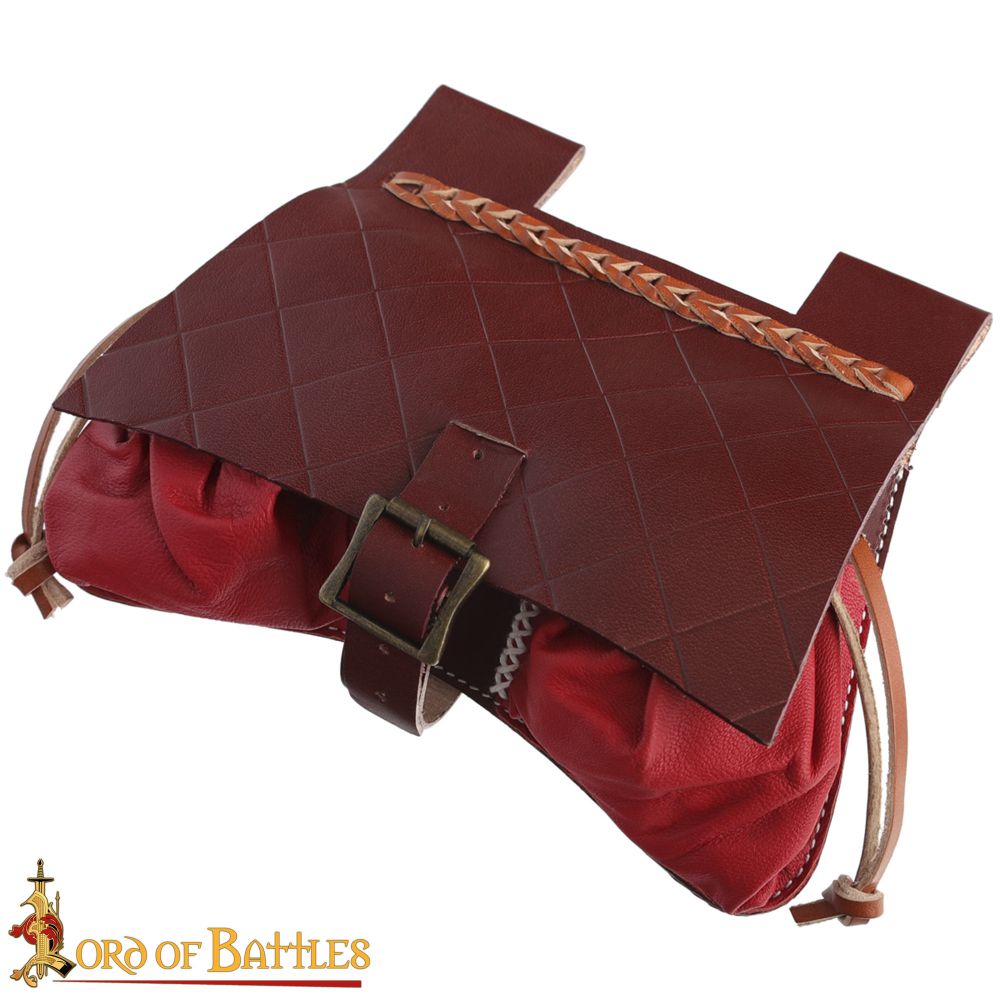 Medieval 15th century reproduction bag with pockets made from red leather
