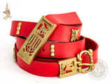 Medieval belt with wolf belt buckle, end and mounts in red leather