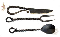 Medieval cutlery set including a spoon, knife and fork with scabbard