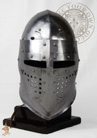 Medieval helm with openable and closeable face visor