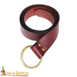 Medieval brass ring belt made from dark red maroon leather