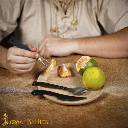 Medieval forged cutlery set including a fork, knife and spoon