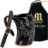 Horn tankard with lion design and leather strap
