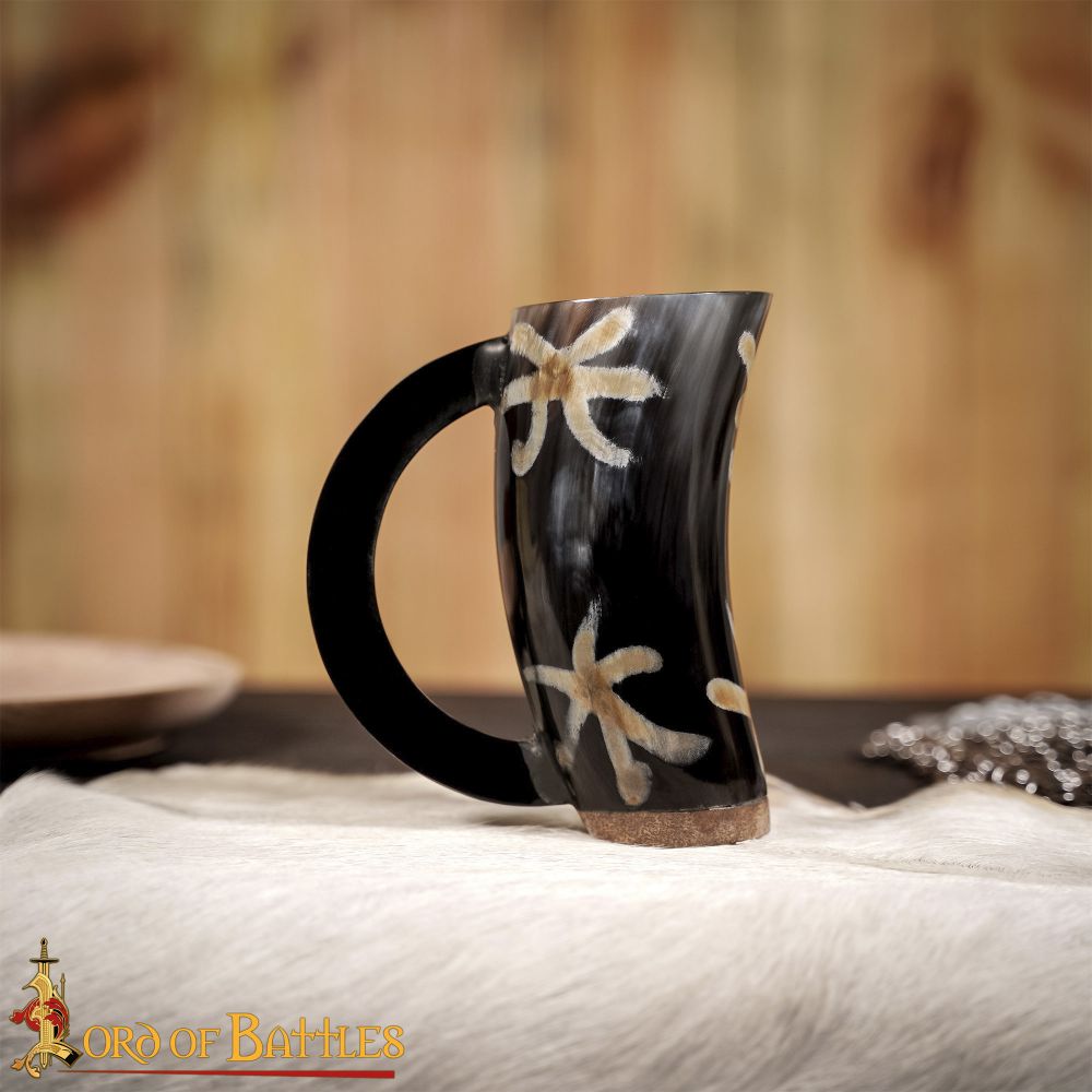 Horn Ale Tankard with Handle - 12.7cm - 15.25cm (5"-6") Tall Burnt Design