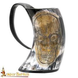 Pirate tankard with skull design ale drinking mug made from cow horn