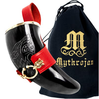 Raven Drinking horn with red leather belt holder