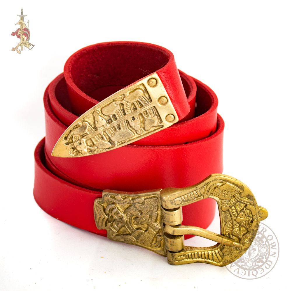 Red Viking historical belt based on archaeological finds from birka made from veg tan leather