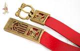 SCA belt with wolf belt buckle, end and mounts in red leather