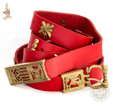 14th century reenactment Medieval belt with wolf belt buckle, end and mounts in red leather