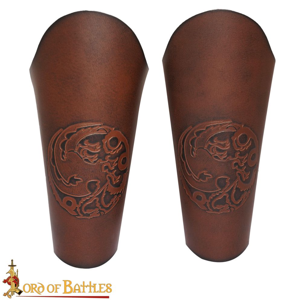 Three Headed Dragon Leather Bracers - Brown