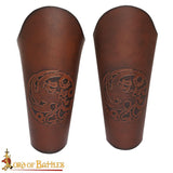 Three Headed Dragon Leather Bracers made from brown leather