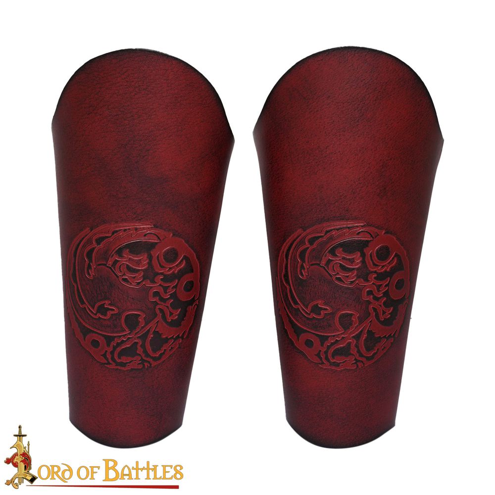 Three Headed Dragon Leather Bracers - Red