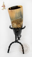 Triquetra Knot Carved Drinking Viking Horn with forged stand