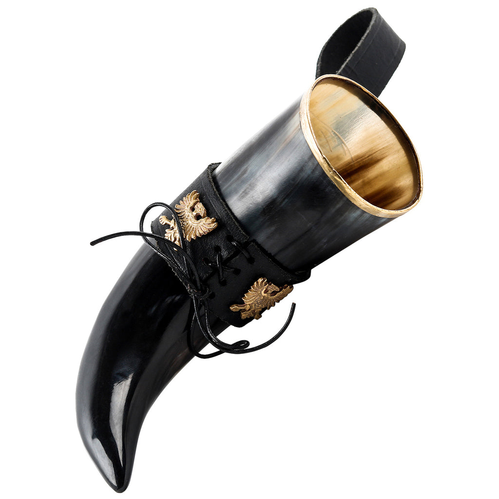 Wolf Drinking Horn with Black Leather Holder