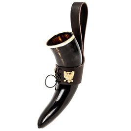 Viking Drinking horn with brown leather belt holder